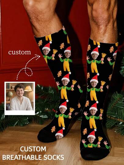 1 paar gepersonaliseerde gezichtssokken, gepersonaliseerde kerstelf-fotosokken tot halverwege de kuit, feestdag, verjaardag, jubileum, herdenkingsgeschenk, leuk gepersonaliseerd cadeau, uniek cadeau
