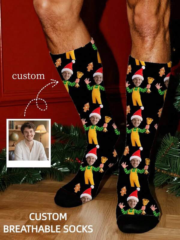 1 Pair Customized Face Socks, Personalized Christmas Elf Photo Mid-Calf Socks, Holiday Birthday Anniversary Commemorative Fun Customized Gift, Unique Gift