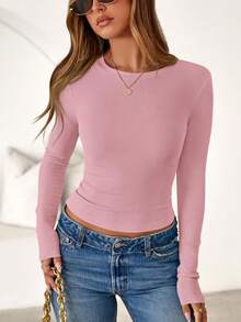 Women Spring And Fall Long Sleeve Shirts Ribbed Crewneck Fitted Basic Tee Going Out Tops Casual Workout Vacation Outfits - 粉色 - 查看 6
