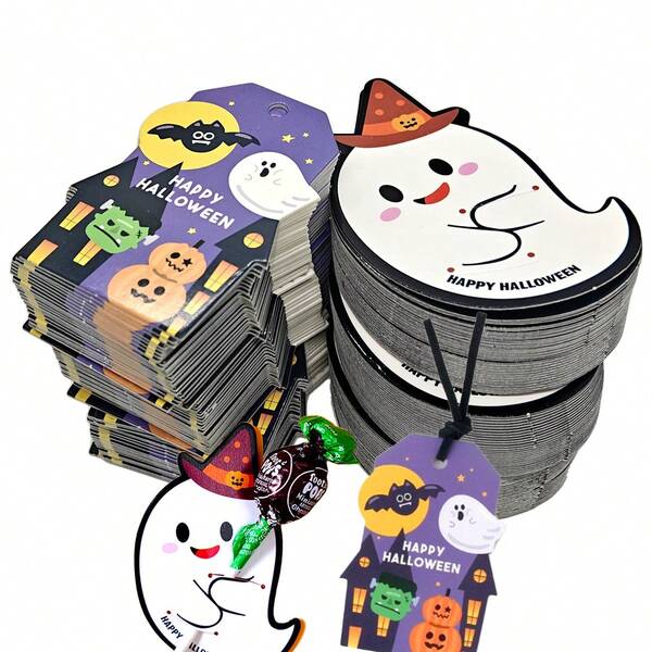 100/50 piezas Conjunto de tarjetas de chupete de Halloween con estilo lindo y espeluznante, etiquetas de regalo de calabaza de Halloween, tarjetas de mensaje de Halloween, decoraciones de Halloween, tarjeta de felicitación de Halloween - Titulares de caramelos con forma de fantasma y calabaza lindos para fiestas de Halloween, regalos de clase, intercambio de dulces, envoltura de regalos, etiquetas de fantasma, calabaza y murciélago espeluznantes para bolsas de dulces, Halloween 2025