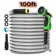 50/100 Feet Garden Stainless Steel Water Hose With Three Fittings Sprinklers & 10 Nozzles Flexible Durable Kink-Free Puncture Resistant Metal Hose For Patio Outdoor Use - 100ft - View 2