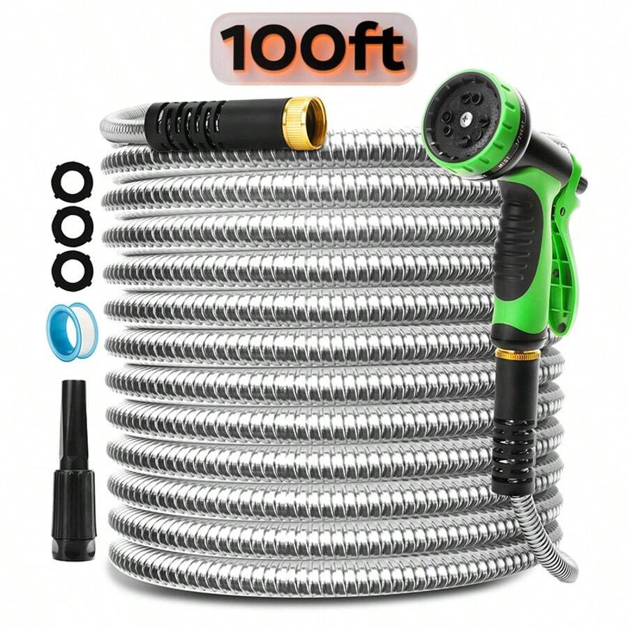 50/100 Feet Garden Stainless Steel Water Hose With Three Fittings Sprinklers & 10 Nozzles Flexible Durable Kink-Free Puncture Resistant Metal Hose For Patio Outdoor Use