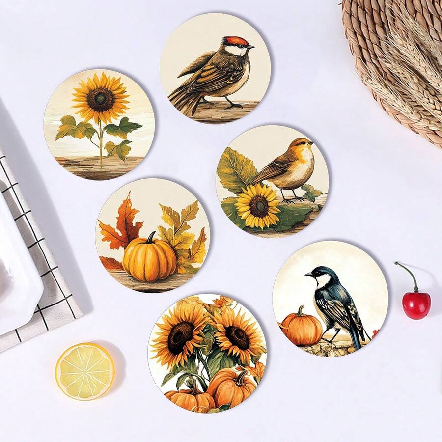 6 Stücke/Set oder 420 Stücke/70 Sets Herbst Sonnenblumen, Vögel und Kürbis Bedruckte Getränkeuntersetzer, 10cm/2mm dicke weiche Gummi Unterseite runde saugfähige Gummi Getränkeuntersetzer, weiche Gummi Rückseite, dekorative Untersetzer, geeignet für Tassen, Heim Küche Esszimmer Tischdekoration, Küchendekoration, Esszimmer Tischdekoration