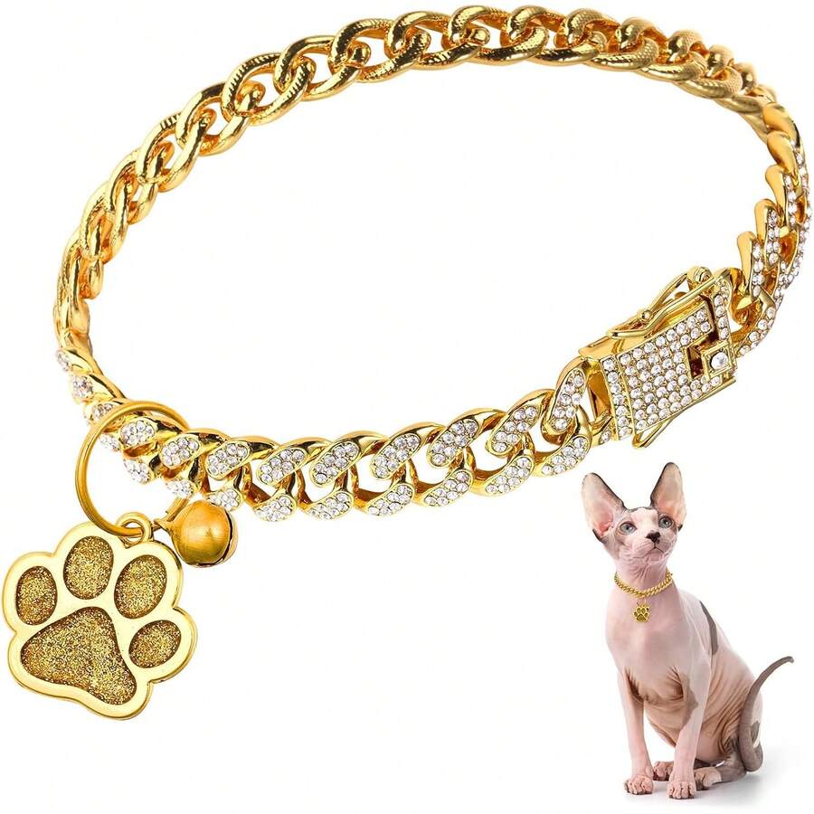 Collar de gato con diamantes, collar cubano con purpurina, metal para caminar con hebilla segura, collar de gato y mascota con eslabones de pata, accesorios de joyería con campana de identificación para gatos pequeños (dorado, 10 pulgadas) - dorado - Ver 1