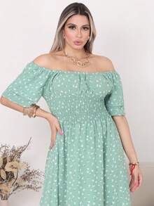 Women's Long Midi Dress With Puffer Sleeves And  Frills, Off-The-Shoulder, Tres Marias Floral - 綠花 - 查看 1