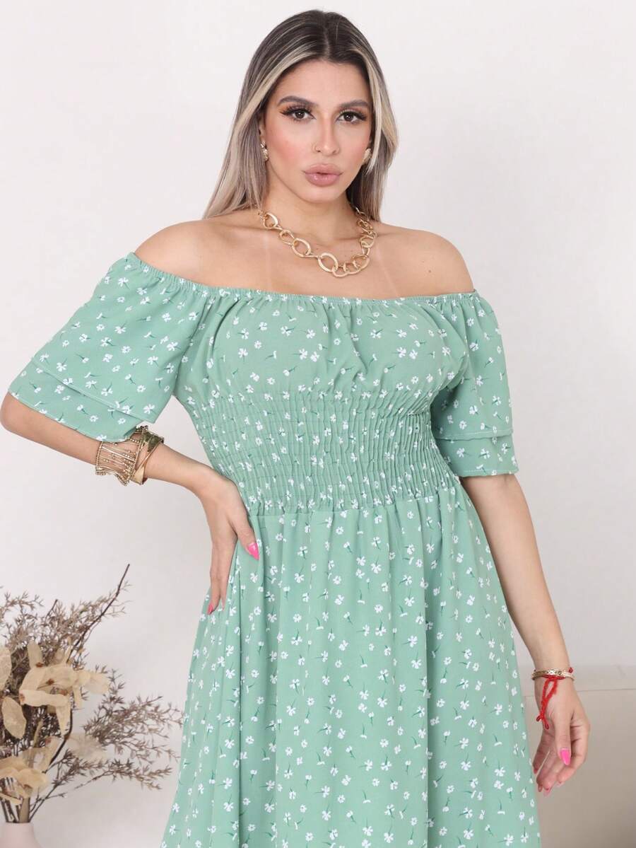 Women's Long Midi Dress With Puffer Sleeves And Frills, Off-The-Shoulder, Tres Marias Floral - 綠花 - 查看 1