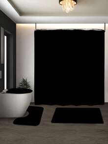 1/4 件纯黑色图案浴帘套装，防水浴帘和 3 件浴室垫套装，12 个挂钩防水浴帘，防滑浴垫，马桶座套和 U 型地毯，浴室配件浴室装饰 - 黑色 - 查看 5