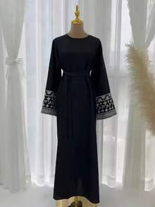 Cardigan elegante com punho bordado e cor sólida, 1 peça, adequado para passeios diários femininos, abaya muçulmana - Multicolorido - Ver 9