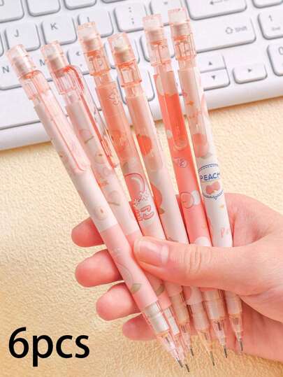 6pcs Peach Automatic Pencils, Cute Cartoon Peach Automatic Pencils With 0.5mm Lead, High-Quality Stationery Suitable For Office, School, Back To School Season