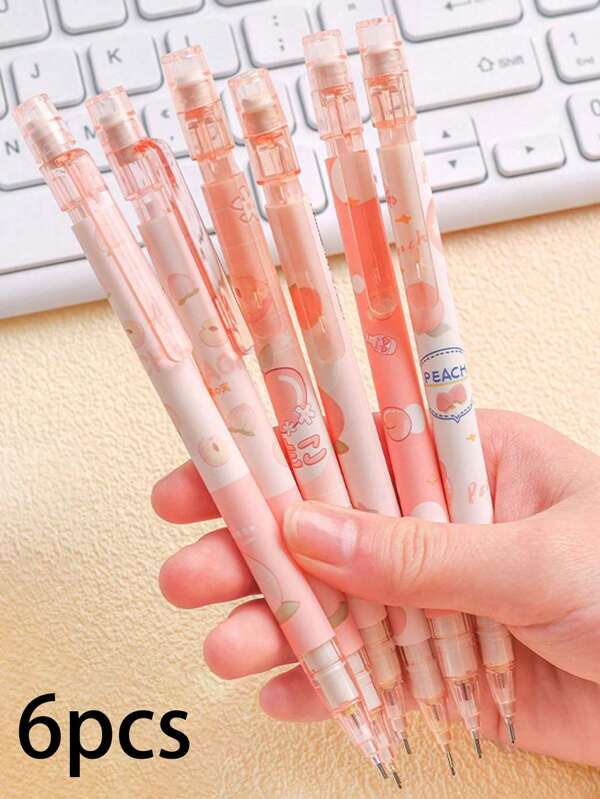 6 pièces Crayons automatiques pêche, crayons automatiques mignons en forme de pêche avec mine de 0,5 mm, papeterie de haute qualité convenant pour le bureau, l'école, la rentrée scolaire
