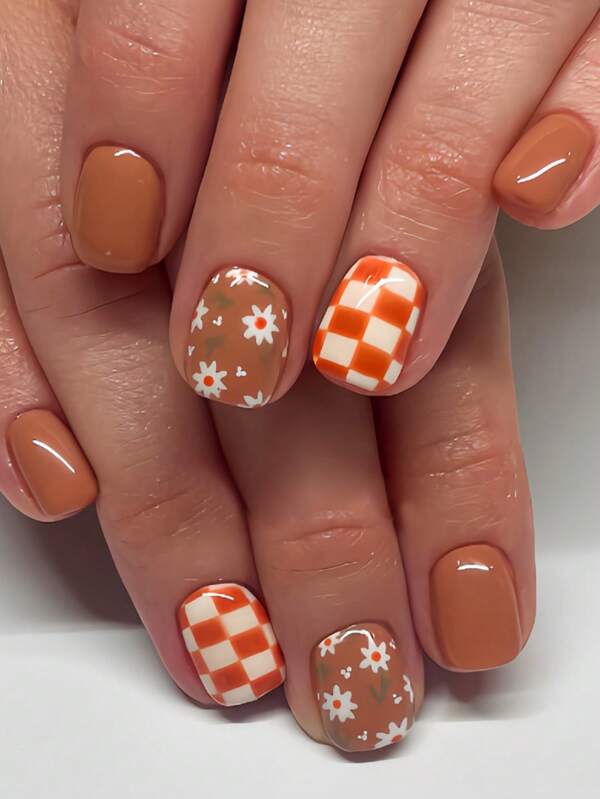 Get Glamorous With 24Pcs Short Square Shape Press On False Nails Fashionable Y2K-Style Press-On Nails In Solid Light Orange With Contrasting Cloud White Checkerboard Patterns, Featuring A And Elegant Autumn-Winter Caramel Hue And Cute Floral Designs Full Cover False Nails For Women And Girls Includes 1Sheet Adhesive Tabs & 1Pc Mini File Strip Jelly Gel Random Shipment Nail Supplies Nails