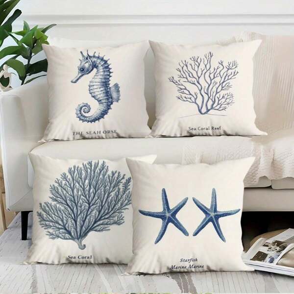 4pcs, Ocean Themed Decorative Pillow Covers,100%Ployster,Nautical Sea Creatures And Coral Prints For Home DecorZipper Closure Suitable For Home Decoration,Dormitory Decoration,School Bedding
