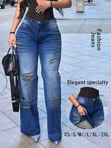 Women's Jeans, Y2K Style Women's Wear, Fashionable Casual Loose Jeans, Straight-Leg Jeans, Suitable For All Seasons, Perforated And Decorated, Simple And Full Of Street Style, Suitable For Going Out, Cocktail Parties, Parties, Christmas, Nightclubs, Banquets, Film Festivals, Cinemas, Balls, Cocktail Parties, Weddings, Graduation Ceremonies, Back-To-School, Birthday Parties, Rebellious Girls Festival-Themed Parties, Outdoor Outfits, Streetwear, Fashion Shows, Dates,Pantalón Jean Mujer,Women Clothes,Jeans Para Mujer,Pantalones De Mujer Jean,Ropa De Mujer,Tall Jeans Women,Y2k Clothes,Going Out Outfits,Holiday Outfits For Women,Vacation Outfits Women,Club Outfits For Women,New Years Outfit Women,Holiday Outfits For Women - 中等水洗藍 - 查看 4
