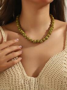 1pc Boho Style Round Geometric Ceramic Pumpkin Bead Handmade Beaded Necklace With Stainless Steel Chain & Lobster Clasp, Gift For Women, Suitable For Daily Wear And Holidays