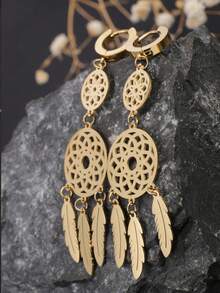 1 对不锈钢欧式 3 镂空花卉吊坠耳环，18K 金叶藤蔓吊坠耳环，适合作为妻子/女友情人节礼物，适合女性日常佩戴 - 金色捕夢網吊墜流蘇樹葉耳扣 - 查看 4