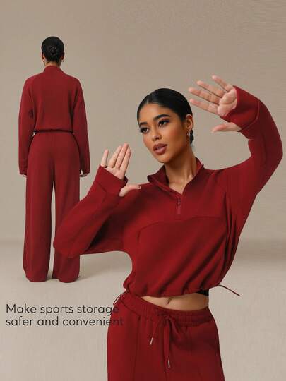 Sodalemon Sudadera de entrenamiento para mujer con media cremallera, agujero para los dedos, cordón en la cintura y bolsillos para yoga, fitness y gimnasio