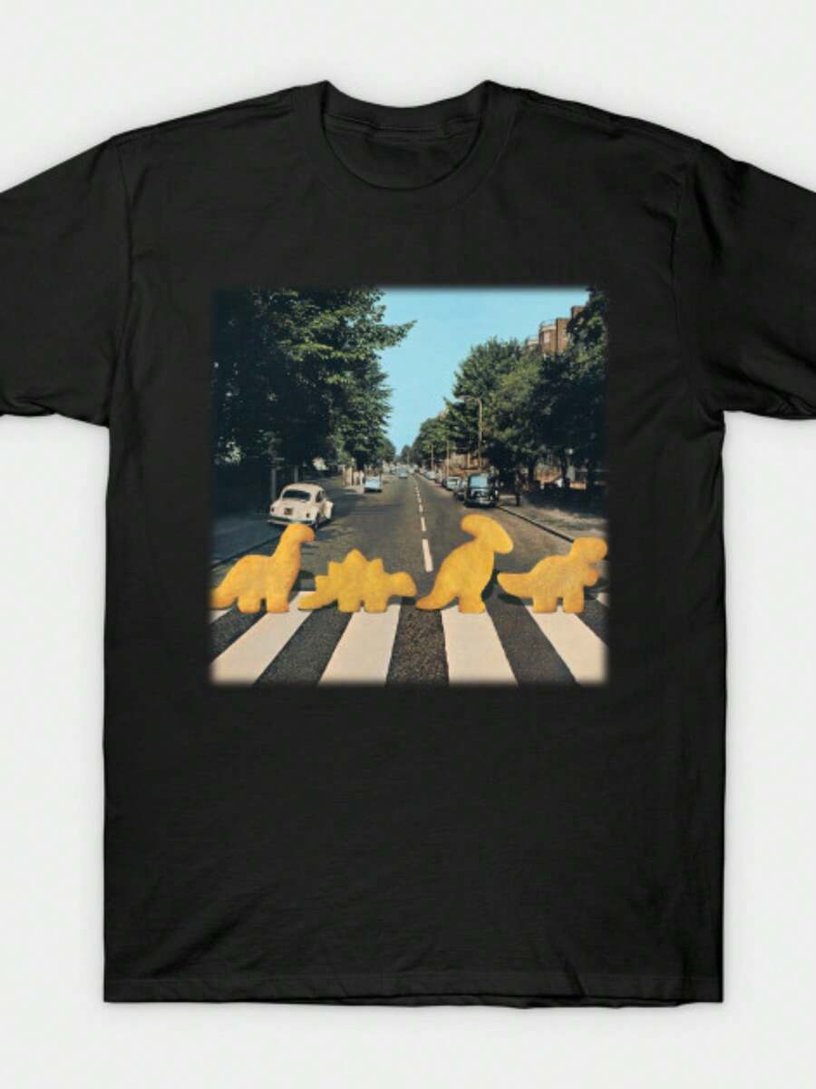 Men  Size Men Casual Dinosaur Chicken Nuggets Graphic T-Shirt Soft Cotton Black With Yellow Dinosaur Crossing Design Short Sleeve Round Neck Perfect For Summer Outings Dinosaur Clothes  Men Size L-3XL - 黑色 - 查看 1
