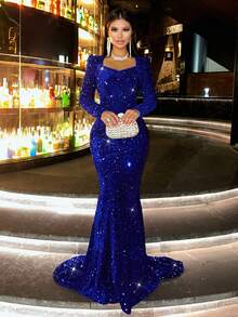 CHOSMO Women's New Autumn Sequin Long Sleeve Mermaid Formal Dress, Elegant Fitted High Waist Evening Gown - Royal Blue - View 4