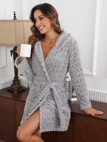 Furry Hooded Waist Tie Casual Sleepwear Fluffy Robe, Fall Winter, Cozy Outfits - Grey - View 3