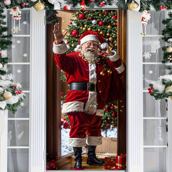 2D Christmas Santa Claus Print Holiday Door Decal Sticker, Modern Holiday Decoration, Removable Double-Sided PVC Static Sticker, Suitable For Home, Kitchen, Dining Room, No Feather, Applicable For Christmas, New Year, Winter - Ideal For Home Decoration.