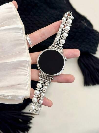 New Double Row Pearl Studded Diamond Metal Strap Suitable For Galaxy Watch 7/6/5/4 Strap 40 Mm 44mm 47mm 46mm 41mm,Galaxy Watch 5 Pro 45mm,Galaxy Active 2,Galaxy The Watch 3,18/20/22mm, Compatible With HW Watch 5/4/3/2/1 And GT5/4/3/2, As Well As HW Watch Fit3/Fit4 And HW Band 8/9/10NFC