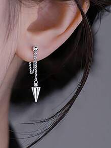 1对不锈钢锥形吊坠朋克耳环，带链子，低过敏性 - 銀色 - 查看 3