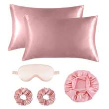 Set de 6 fundas de almohada de satén para mujeres, incluye gorro de dormir de satén, antifaz para dormir y scrunchies para el cabello, artículos esenciales cómodos para el hogar, excelentes para cocinar y dormir - Multicolor - Ver 8