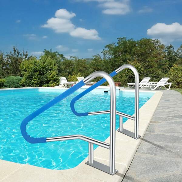 Barandilla de piscina   de 55 x 32 pulgadas, de acero inoxidable 304, con capacidad de carga de 250 lb, plateada, resistente a la corrosión, con cubierta de agarre azul, broca M8 y tornillos autorroscantes.
