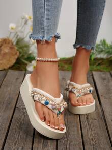 时尚休闲女式厚底坡跟凉鞋，夏季沙滩链条装饰人字拖，轻便高端EVA舒适防滑绑带凉鞋，适合户外活动，人字拖 - 米色 - 查看 4