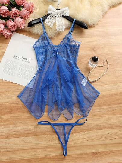 2 piezas Conjunto de lencería de camisón de malla transparente sexy, cautivador y lindo