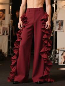 INCERUN Mens High Waist Zipper Ruffles Holiday Party Casual Loose Bottoms Wide Leg Trousers Long Pants - rượu vang đỏ - Xem 2