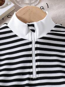 2 piezas/set de Top de manga larga a rayas casual y pantalones para niña joven, primavera/agosto - Blanco y Negro - Ver 3