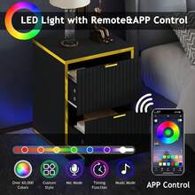 Nightstand With LED Lights, Morden Night Stand With Gold Frame, Fluted Nightstand With Drawers, Bedside Table With Storage, Side Table For Bedroom, Black/ White - 黑色 - 查看 5