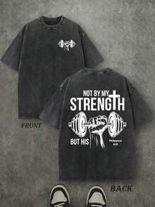 Retro Washed T-Shirt Double Sided Printed (230 Pure Cotton T-Shirt) 'NOT BY MY STRENGTH BUT HIS'  Letter And Pattern Print, Men's T-Shirt, Men's Casual, Comfortable, Fashionable T-Shirt, Street Style Cotton - 黑色 - 查看 1