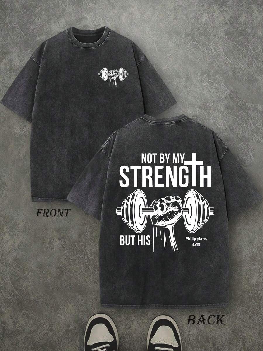 Retro Washed T-Shirt Double Sided Printed (230 Pure Cotton T-Shirt) 'NOT BY MY STRENGTH BUT HIS'  Letter And Pattern Print, Men's T-Shirt, Men's Casual, Comfortable, Fashionable T-Shirt, Street Style Cotton - 黑色 - 查看 1