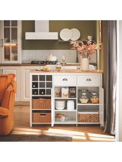 SoBuy KNL05 W, Kitchen Isl Cabinet Cupboard Sideboard Rattan Baskets, Breakfast Dining Bar Tafel view 3