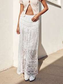 Women's Summer A-Line Skirt Long Crochet Boho Flowy Skirt For Travel, Beach, Shopping - trắng - Xem 4