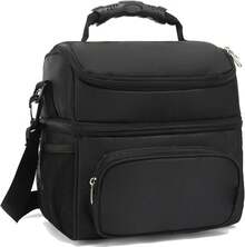 FlowFly Insulated Lunch Bag Adult Lunch Box Large Tote Double Layer Cooler Men, Women, With Adjustable Strap,Front Pocket And Mesh Side Pockets,Black