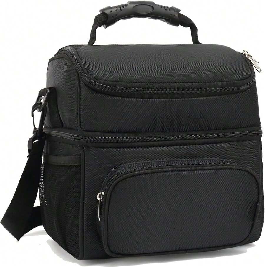 FlowFly Insulated Lunch Bag Adult Lunch Box Large Tote Double Layer Cooler Men, Women, With Adjustable Strap,Front Pocket And Mesh Side Pockets,Black