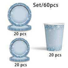 Set de 60 piezas de vajilla con temática de copos de nieve azules sin plástico, suministros para fiestas navideñas felices, platos de papel de 9"/7", platos de postre, vasos para bebidas, tazas de café y servilletas - Multicolor - Ver 12