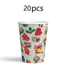 Juego de 60 piezas de vajilla con temática navideña, suministros para fiesta de Navidad feliz, platos de papel de 9"/7", vasos para bebidas, tazas de café y servilletas - Multicolor - Ver 8