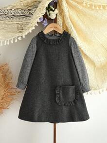 Kleine Mädchen Winter 2 Stücke Kleidungssets Einfarbig Langarm Basic Tops Und Spitzen Weste Kleid Lässig Kleidung - Grau - Übersicht 1