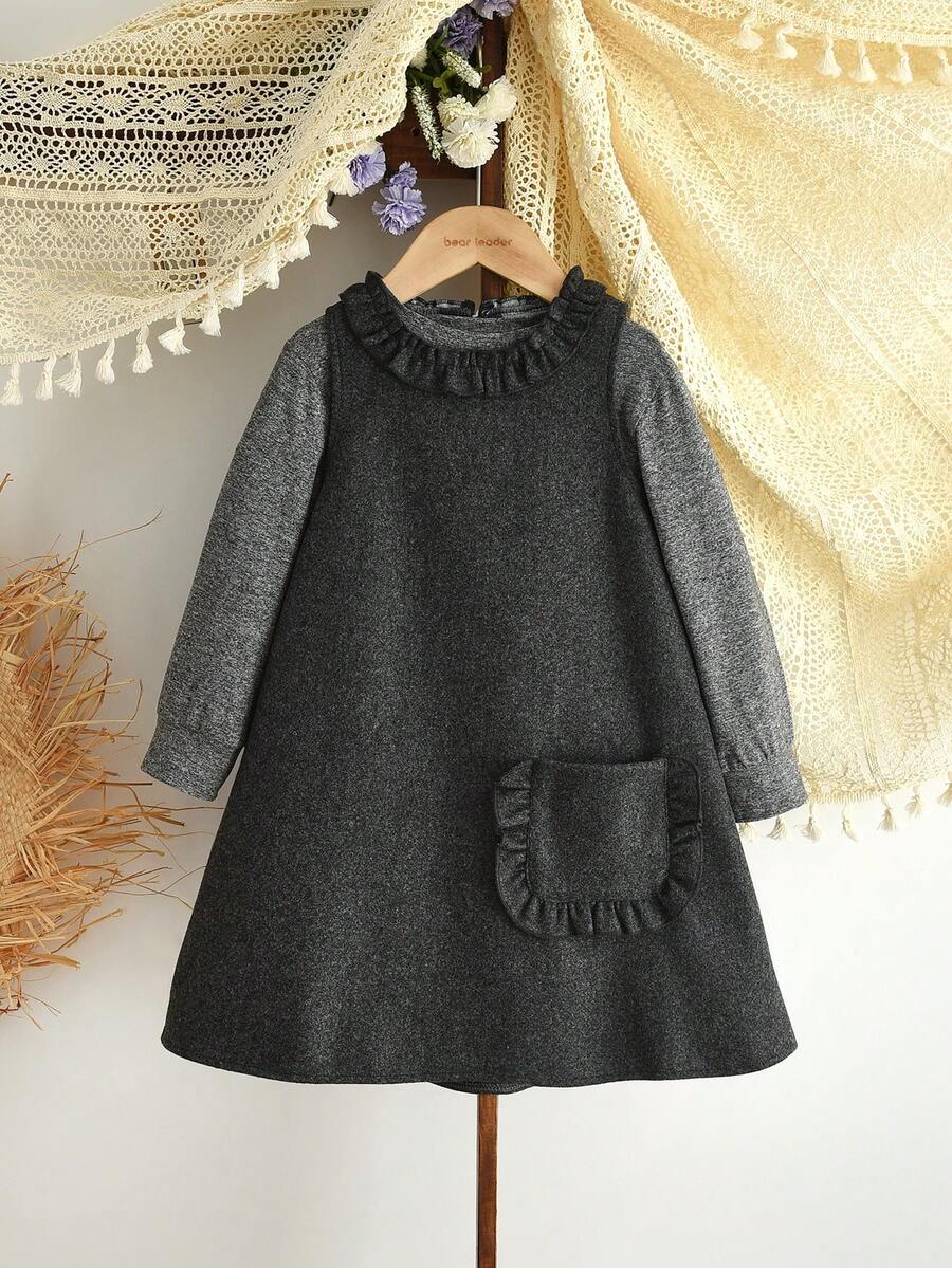 Kleine Mädchen Winter 2 Stücke Kleidungssets Einfarbig Langarm Basic Tops Und Spitzen Weste Kleid Lässig Kleidung - Grau - Übersicht 1