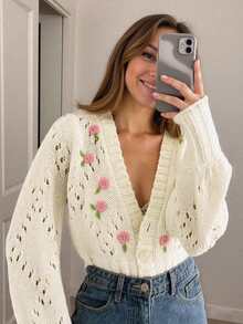 Korean Style Casual Boho Holiday Party Vintage Women Old Money Style Cute Airport Streetwear Country Concert Going Out Tops, Cosplay Halloween Costume, Halloween 2025 Sexy Witch Costume Going Out, Fall Women, Back To School Y2K, Country Concert, Fall Winter For Women, Goth Steampunk Women, Boho Holiday Party Work V-Neck Floral Embroidery Single-Breasted Hollow Regular Casual Versatile Fashion Knitted Cardigan