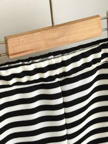 秋季少女休闲针织面料长袖蝴蝶结上衣和条纹长裤两件套 - 黑色 - 查看 6