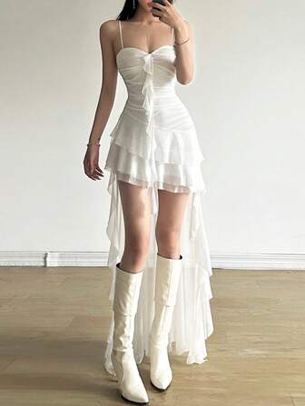 Top Dazzle Solid Color Fitted High Waist Fashionable Off Shoulder Camisole Dress