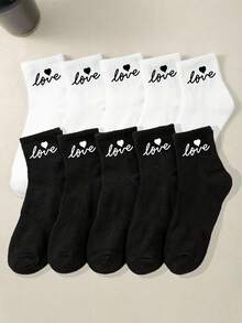 10 双黑白儿童心形图案袜子，休闲简约装，适合情人节、情侣、校园、大学、礼物、返校 - 彩色 - 查看 1