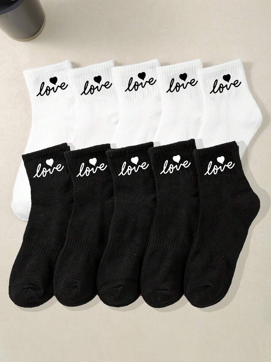 10 双黑白儿童心形图案袜子,休闲简约装,适合情人节、情侣、校园、大学、礼物、返校 - 彩色 - 查看 1