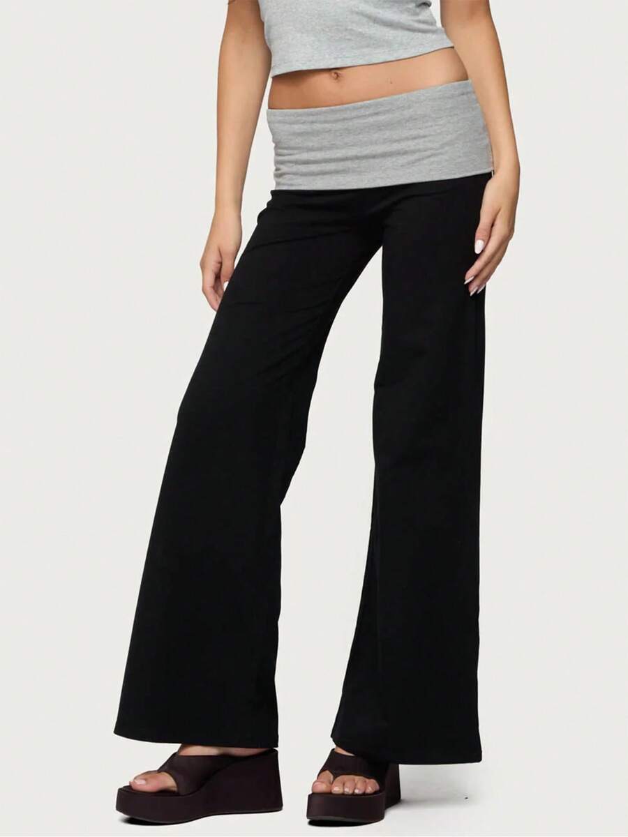 Fold Over Yoga Pants Elastic Waist Low Rise Straight Wide Leg Sweatpants Y2k Color Block Flare Yoga Lounge Leggings Stretchy Loose Gym Pants Back To School Clothes For Teen Girls Women - 黑 - 查看 1