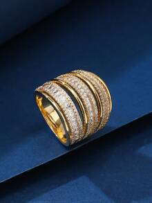 1pc Women's Copper Plated Simple Splice Gold Ring With Inlaid Rhinestones, Stylish Design, Suitable For Gift, Everyday And Holiday Wear - 011278 - View 5